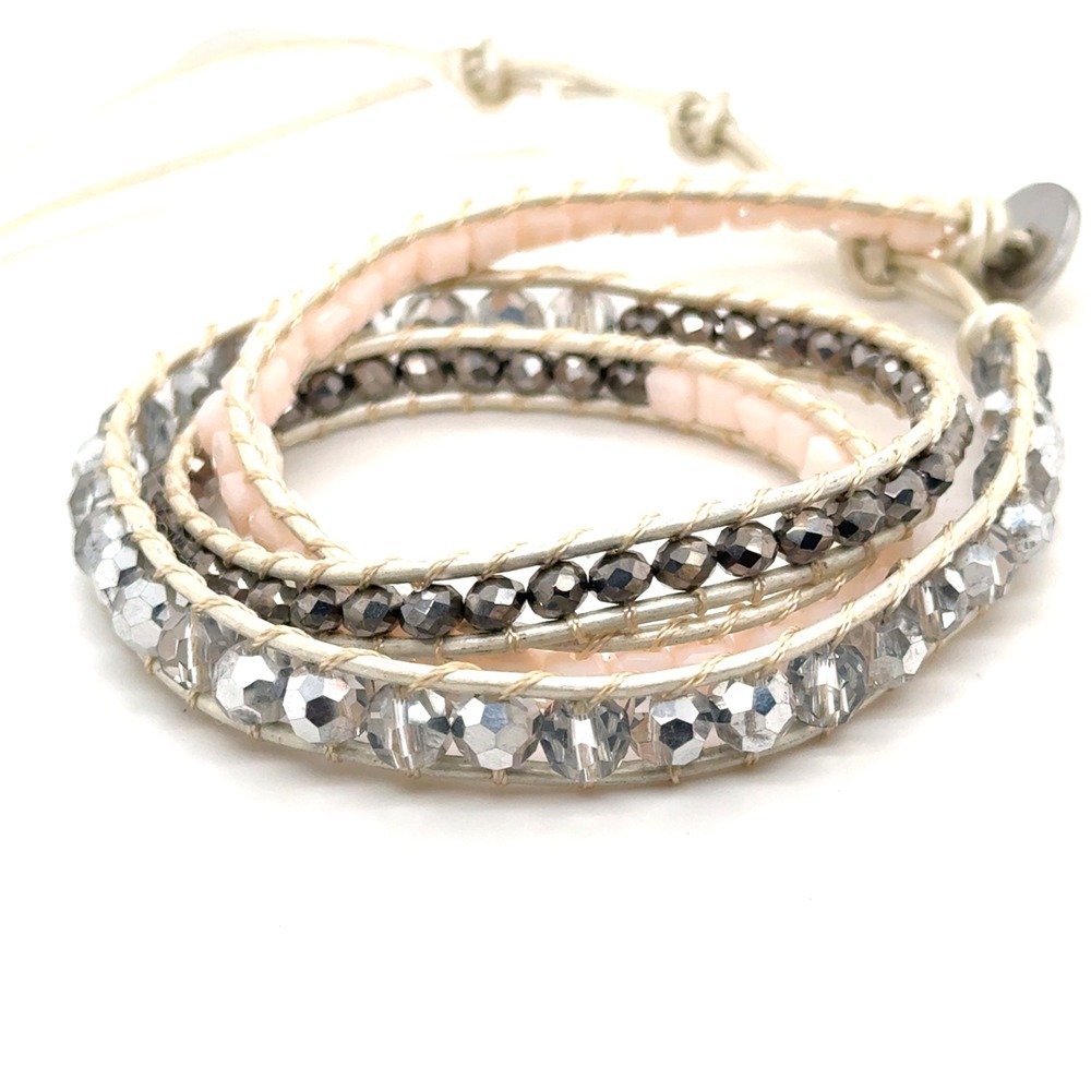 Victoria Emerson Crystal Leather Wrap Bracelet Silver Peach Pink Boho Adjustable